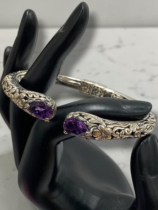 Vintage Jewelry - Estate Embossed Sterling Silver 925 Amethyst Cuff Hinged Bangle Bracelet!